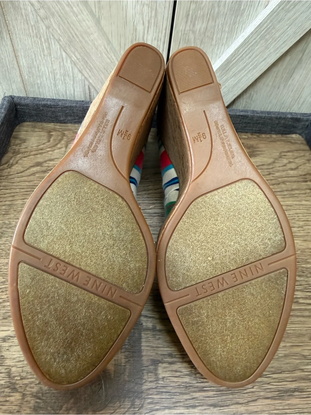Nine West Multicolor Striped Peep-Toe Cork Platform Wedges (9.5)